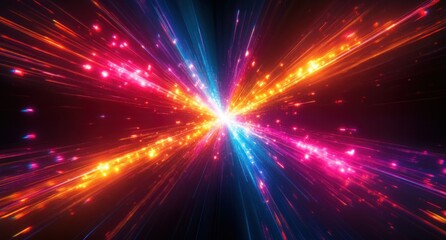 Bright colorful light beams and particles radiating outward from a central glowing point on a dark background creating a dynamic energetic effect