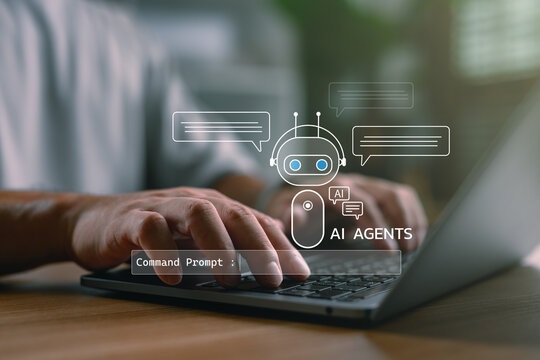 AI assistant technology in daily life showing user interacting with AI agent on laptop. Perfect for smart assistant, AI chatbot, digital support, virtual helper, and intelligent automation.