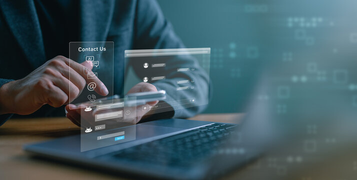 AI-powered contact us concept showing customer support technology with chatbot interface and digital communication tools. Ideal for online service, support system, and tech assistance visuals.