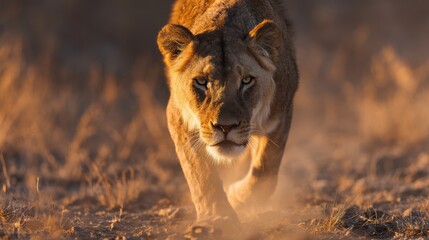 Lioness stalking savanna sunset wildlife documentary