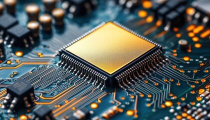 Close-up of a gold-colored microchip mounted on a blue printed circuit board with multiple intricate connections and glowing orange solder points