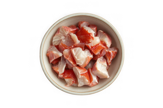 Bowl of fresh imitation crab meat chunks seafood ingredient food cuisine culinary dish delicious meal isolated on transparent background