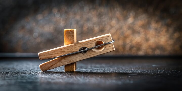 A small piece of holofiber is carefully clamped with a wooden clothespin on a dark and sleek background, emphasizing its unique texture and material properties , technology, material sample