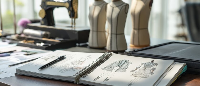 Modern fashion workshop showing digital design board alongside traditional tailor elements with sketchbook near tablet displaying new designs captured in bright natural light for industry publications