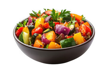 Bowl of roasted vegetables quinoa salad healthy food vegetarian vegan dish zucchini peppers onions tomatoes parsley isolated on transparent background