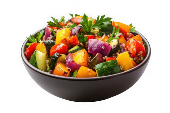 Bowl of roasted vegetables quinoa salad healthy food vegetarian vegan dish zucchini peppers onions tomatoes parsley isolated on transparent background