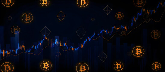 Obraz premium Bitcoin crypto currency on stock market background. Bitcoin sign stock market data.