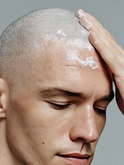 Man applying facial cleanser, studio shot, skincare routine
