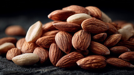 Closeup of Roasted Almonds Pile on Dark Background