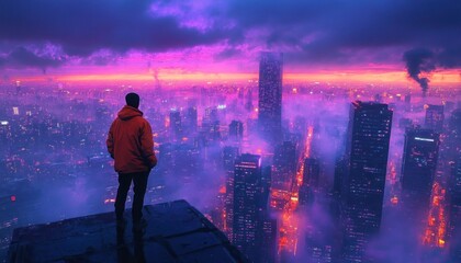 Person standing on rooftop overlooking a futuristic cityscape at twilight with glowing skyscrapers and purple fog creating a mysterious, dramatic atmosphere