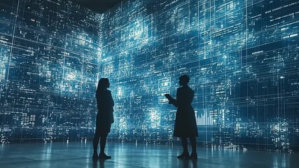 Futuristic data center meeting: Women discuss digital architecture in luminous space - Powered by Adobe