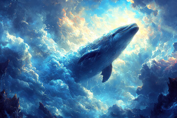 Fototapeta premium A majestic whale ascends through luminous clouds, blending sea and sky in a surreal, dreamlike scene.