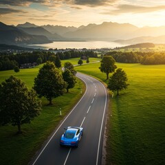 Fototapeta premium Photo of Blue Sports Car on Winding Road by Lake at Sunset