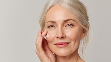 Mature woman applying cream, skincare routine, studio, grey background, beauty ad