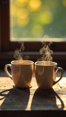 Close-up of two mugs of tea, steaming, placed side-by-side on a rustic wooden table, bathed in soft sunlight, suggesting a peaceful moment of shared rest and companionship , rustic, detail, hot drink