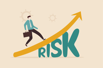 High risk high return stock market investment, trade off of risky investment asset rewarding growth return concept, confident smart investor walking on grow up stock market graph above the word Risk.