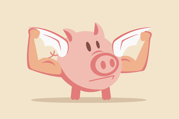 Strong financial health, success personal finance strategy or money power and growth investment concept, Strong pink piggy bank with muscle arms and flying wings ready to fight for business profit.