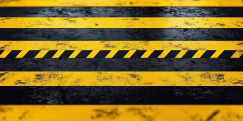 Close-up of worn black and yellow hazard warning stripes on a rough asphalt surface conveying caution and industrial safety