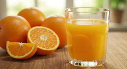 Fresh Orange Juice with Whole Oranges on Wooden Table