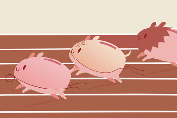 Mutual funds, stock investment performance or savings, business profit concept, pink piggy banks running fast to reach target, they compete on race track and field path to win the finance money game.