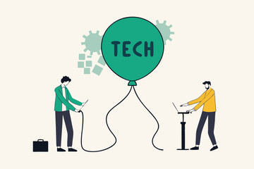 Technology or Tech stock bubble, overvalued stock causing by economic crisis and greedy investors concept, businessmen investor take risk by pumping air into ready to burst balloon with the word TECH.