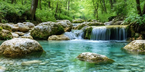 Naklejka premium Serene Waterfall in Lush Green Forest Crystal Clear Water Flows Over Mossy Rocks