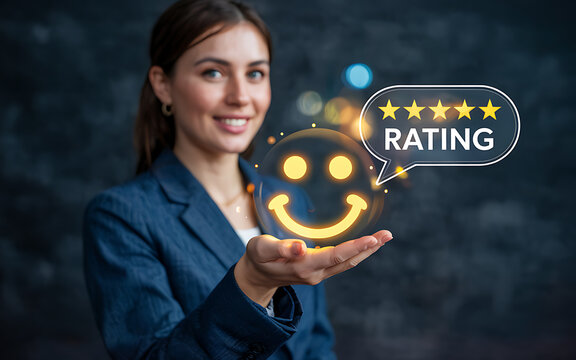 Businesswoman holding a glowing smiley face with five-star customer satisfaction rating concept in dark background
