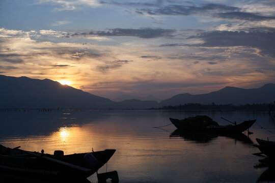 Landscape of the lagoon at sunset with cloudy blue sky