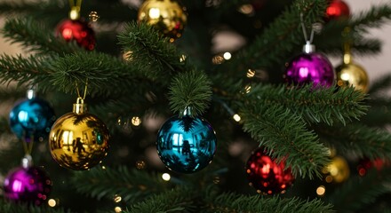 Fototapeta premium Photo of Decorated Christmas Tree with Colorful Ornaments and Lights