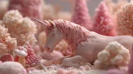 Pink unicorn rests in pastel candy forest