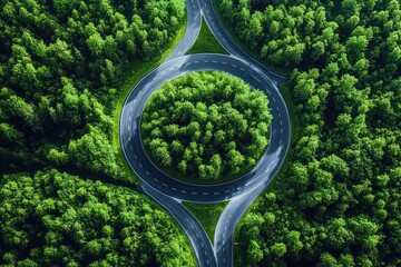 Aerial view of a circular road surrounded by dense green forest with lush trees inside the roundabout and extending into the horizon