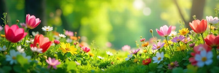 A vibrant, flourishing spring scene bursting with colorful flowers and lush green foliage, symbolizing renewal, growth, and the gentle caress of nature's awakening , delicate, season