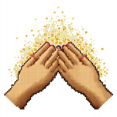 Pixel hands praying, gold dust, white background, faith graphic