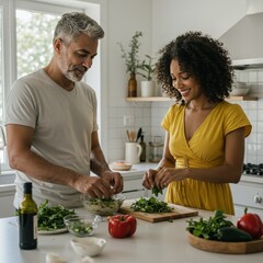 Photo of Couple Preparing Fresh Salad in Kitchen
