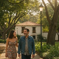 Photo of Couple Walking in Park by House