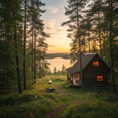 Photo of Cozy Cabin by Lake in Sunset Forest