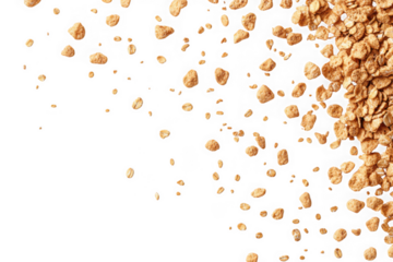 Scattered cereal flakes breakfast food granola oats falling delicious golden crispy texture isolated on transparent background