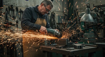 Photo of Craftsman Grinding Metal in Workshop with Sparks
