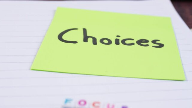 Travel illustration of the word "Focus" on white cubes with colored letters, which is annotated with the word "Choices." The concept of focusing on making decisions.