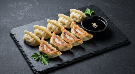 Photo of Crispy Fried Gyoza Dumplings on Black Slate