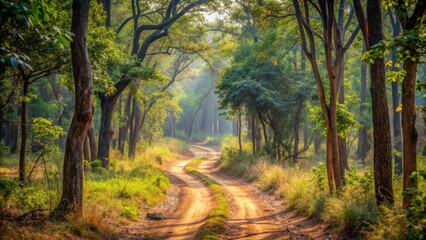 A dirt path winding through the dense undergrowth of the Bhadra Tiger Reserve , animal habitat