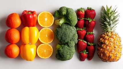 Rainbow fruit & vegetable flatlay, white background