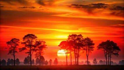 Fototapeta premium Sun setting behind trees with red orange gradient background blurred effect