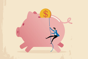 Personal finance strategy, income tax or investment target for office worker retirement concept, confidence businessman using rope to climb up pink piggy bank with golden money coin as final target.