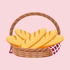 A charming wicker bread basket overflowing with golden baguettes, perfect for picnic, bakery, or culinary themes. Vector illustration.
