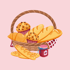 A charming basket brimming with assorted baked goods include baguettes, muffins, croissant, and jam. Perfect for bakery themes. Vector illustration.