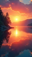 Obraz premium Serene sunrise over a tranquil lake, reflecting the peaceful energy of healing spirituality Perfect for meditation, mindfulness, and spiritual wellness imagery , spiritual journey, spiritual