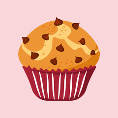Chocolate chip muffin in a red wrapper, a sweet treat perfect for breakfast, dessert, or bakery designs. Vector illustration.