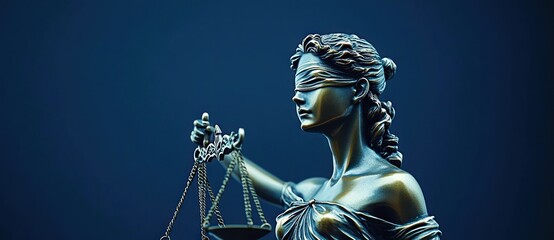 Close-up of a blindfolded lady justice statue holding balanced scales symbolizing fairness and impartiality under dramatic lighting