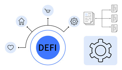Decentralized finance hub with icons for shopping, home, workflow, and settings. Ideal for fintech, blockchain, technology, process automation, innovation digital assets simple landing page
